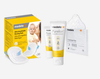 Produtos para cuidados com os seios da Medela, almofadas de amamentação ultra-respiráveis x30, creme de lanolina Purelan™ e uma almofada de hidrogel.