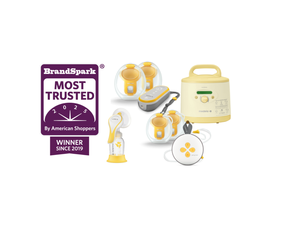 Logo for BrandSpark Most Trusted by American Shoppers 2025.  Winner since 2019.  Image of Freestyle Hands-free, Symphony PLUS, Harmony, and Swing Maxi Hands-free breast pumps.
