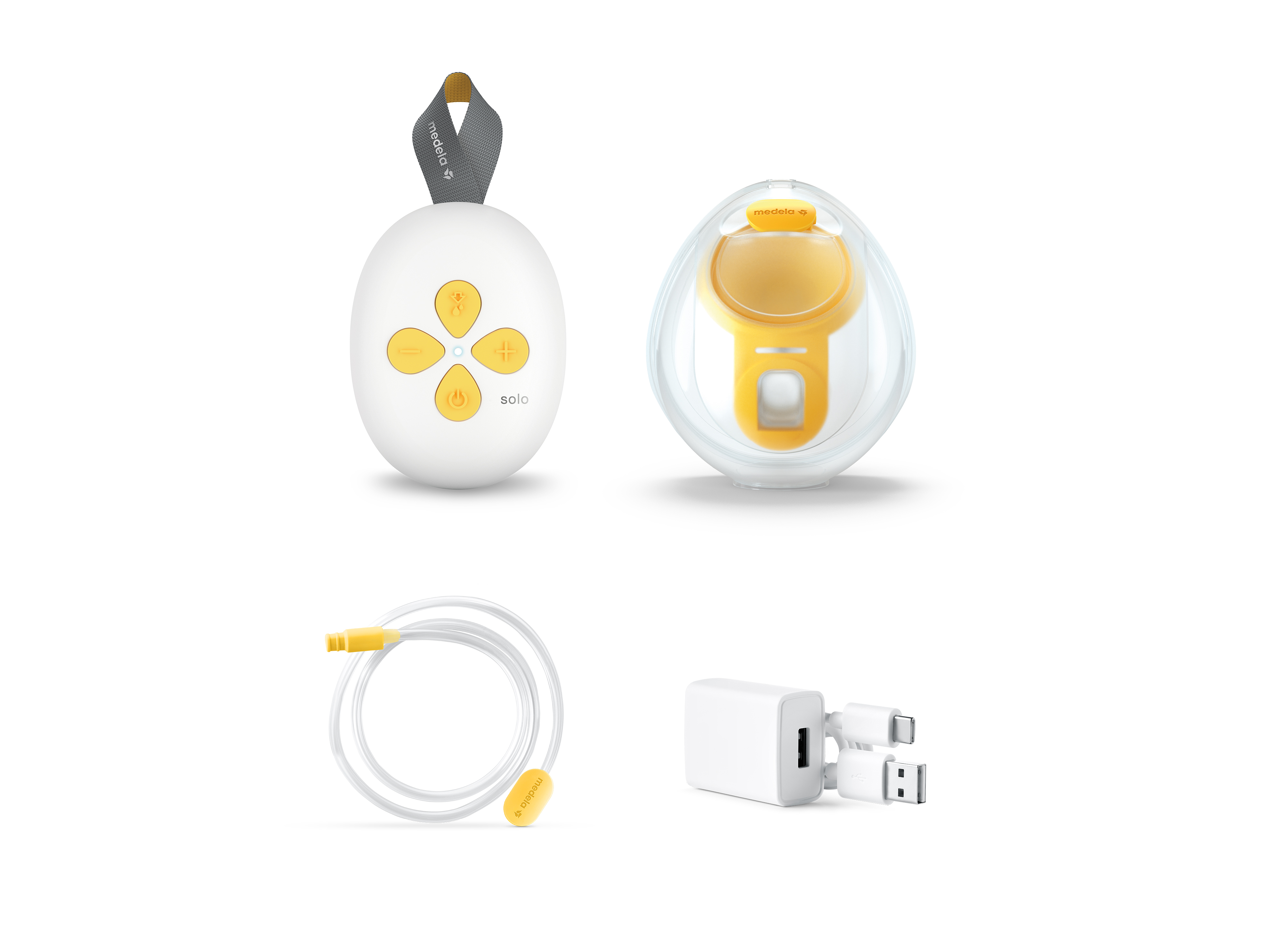 Medela Solo™ Hands-free enkele elektrische borstkolf, melkbeker, slang, oplader en snoer | © Solo™ Hands-free single electric breast pumps
