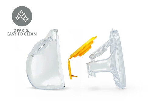 Medela Pump In Style® Hands-free double electric breast pump Hands-free collection cup separated into the three parts with image text, "3 parts - easy to clean"