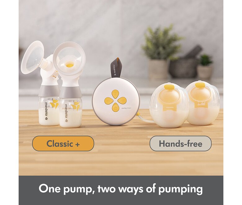 Medela Swing Maxi™ double electric breast pump, Classic collection containers with the text "Classic +" underneath, Hands-free collection cups with the text "Hands-free" underneath.  Text at bottom of image says, "One pump, two ways of pumping"