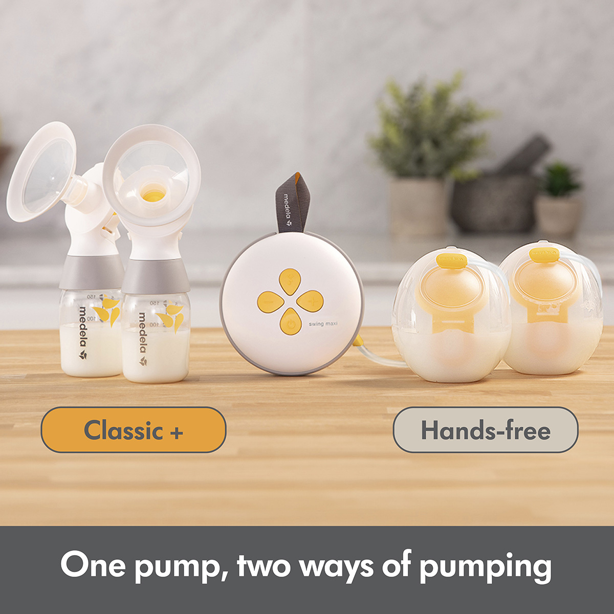 Medela Swing Maxi™ double electric breast pump, Classic collection containers with the text "Classic +" underneath, Hands-free collection cups with the text "Hands-free" underneath.  Text at bottom of image says, "One pump, two ways of pumping"