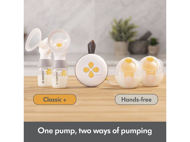 Medela Swing Maxi™ double electric breast pump, Classic collection containers with the text "Classic +" underneath, Hands-free collection cups with the text "Hands-free" underneath.  Text at bottom of image says, "One pump, two ways of pumping"