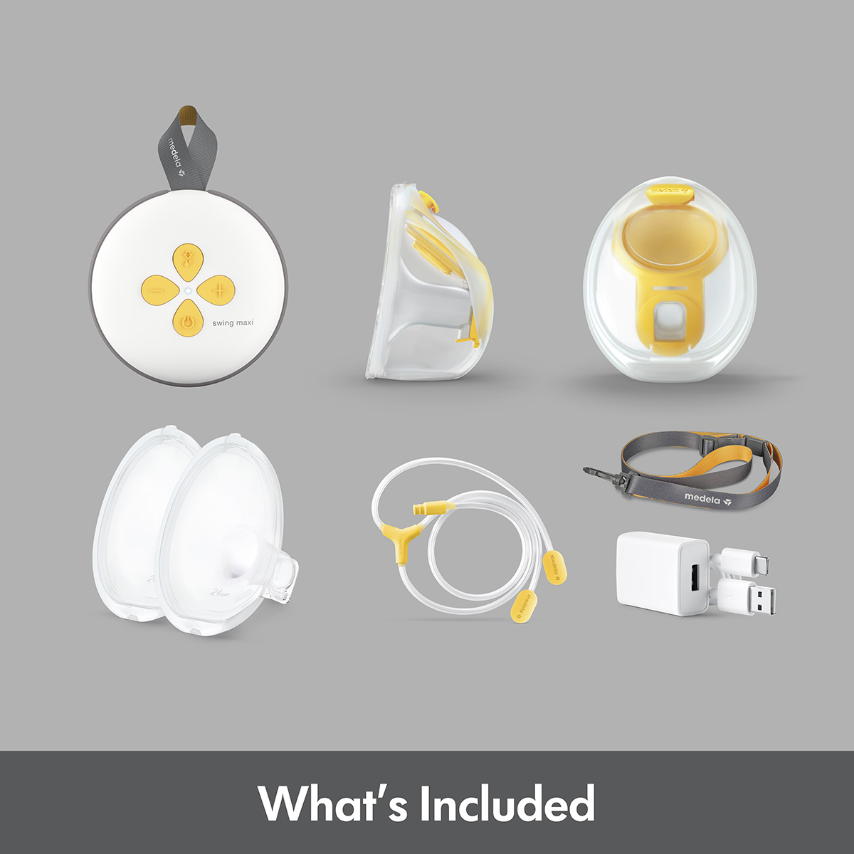 Medela Swing Maxi™ double electric breast pump, Hands-free collection cups, tubing, lanyard, charger and charging cord.  Text at bottom of image says, "What's Included"