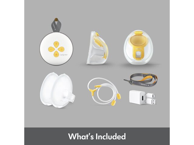 Medela Swing Maxi™ double electric breast pump, Hands-free collection cups, tubing, lanyard, charger and charging cord.  Text at bottom of image says, "What's Included"