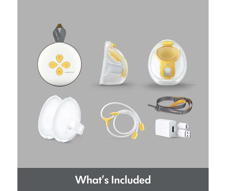 Medela Swing Maxi™ double electric breast pump, Hands-free collection cups, tubing, lanyard, charger and charging cord.  Text at bottom of image says, "What's Included"