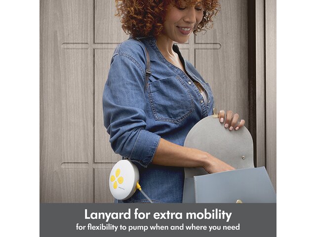 Woman walking out door wearing her Medela Swing Maxi™ double electric breast pump. Text below image reads, Lanyardd for extra mobility for flexibility to pump when and where you need"