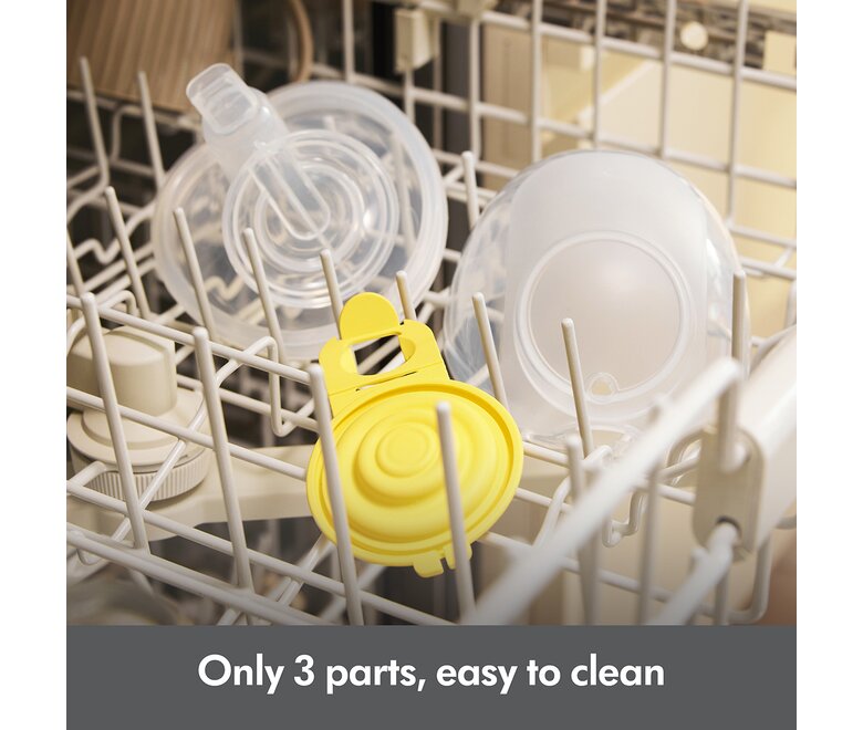 A Medela Hands-free Collection Cup in three parts placed on top rack of the dishwasher.  The text reads: “Only 3 parts, easy to clean”.
