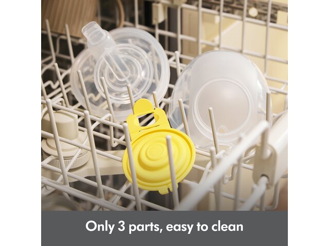 A Medela Hands-free Collection Cup in three parts placed on top rack of the dishwasher.  The text reads: “Only 3 parts, easy to clean”.