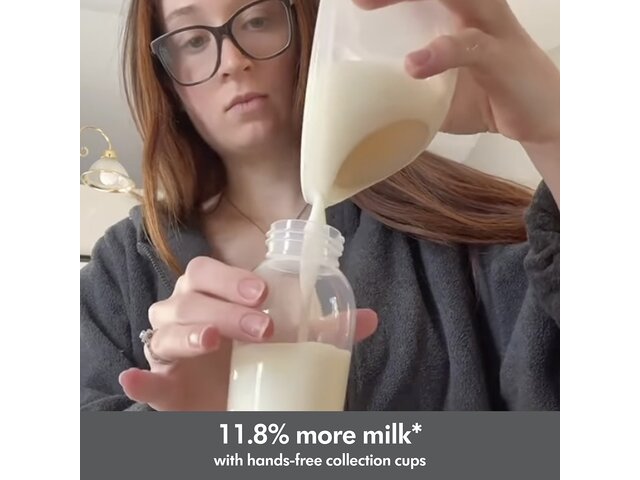 Mom pouring milk from her Medela Swing Maxi™ double electric breast pump's Hands-free collection cup into a storage container. Text below image reads, "11.8% more milk* with hands-free collection cups"