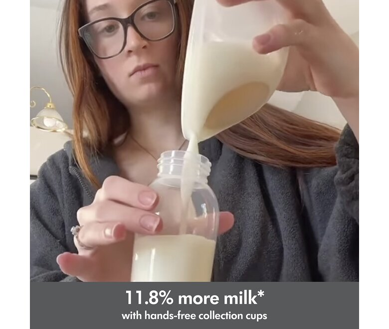 Mom pouring milk from her Medela Swing Maxi™ double electric breast pump's Hands-free collection cup into a storage container. Text below image reads, "11.8% more milk* with hands-free collection cups"