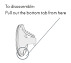 Diagram of Medela Swing Maxi™ double electric breast pump Hands-free collection cup showing the way to disassemble is to pull on the bottom tab from the lower center portion of the Hands-free collection cup.