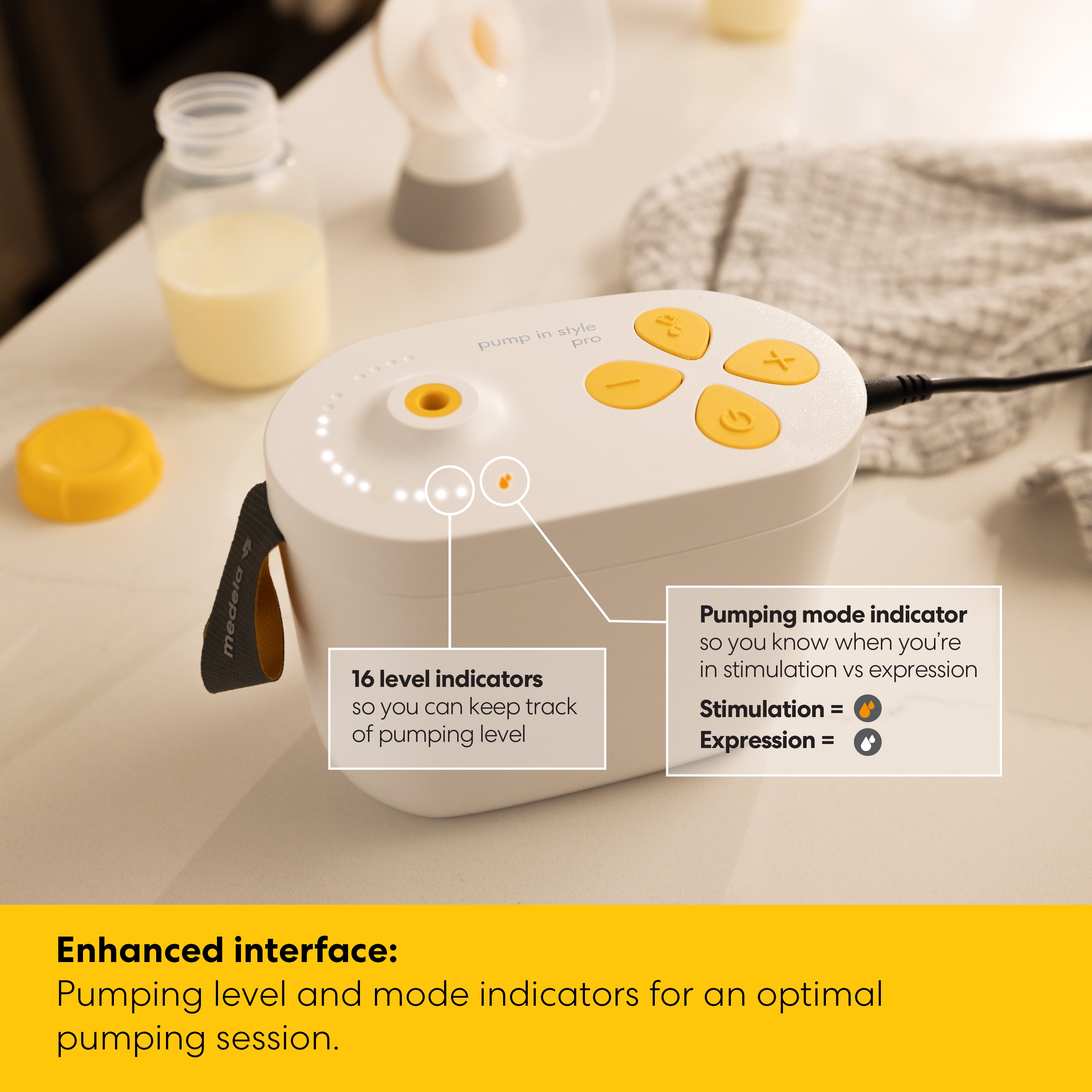 Pump In Style Pro breast pump features an enhanced interface with pumping level and mode indicators for an optimal pumping session.