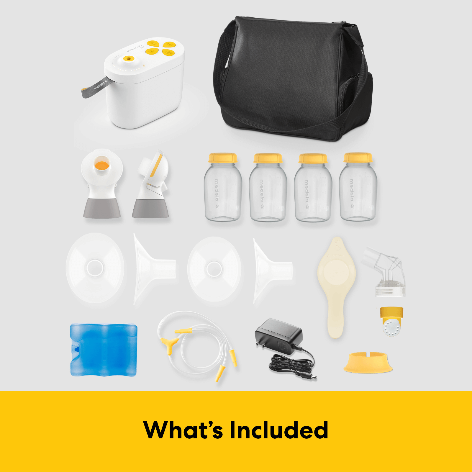 What's included with the WIC version of Pump In Style Pro.  Contains pump, cooler carrying bag, cooling element, 2 sets of breast shields, connectors, tubing, breast milk storage bottles with lids, bottle stand, Harmony manual pump handle, and connector with valve & membrane.