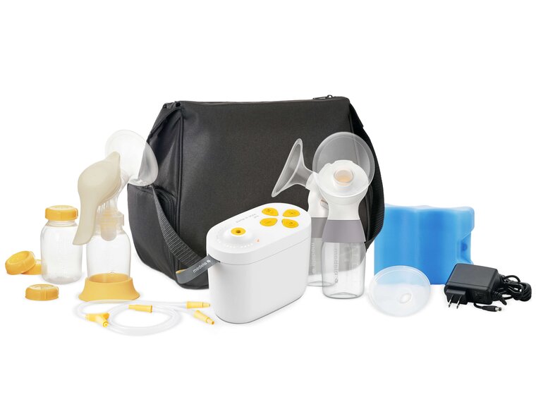WIC version of the Pump In Style Pro breast pump contains pump, carrying bag, breast milk storage bottles, caps, Harmony pump handle, breast shields, tubing, ice pack, and power adapter.