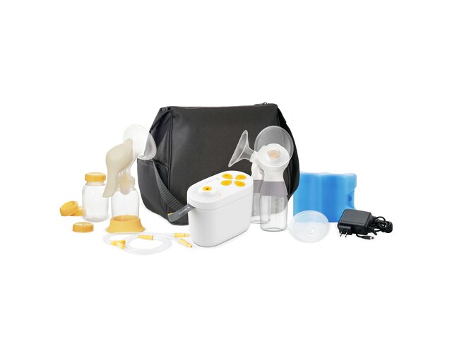 WIC version of the Pump In Style Pro breast pump contains pump, carrying bag, breast milk storage bottles, caps, Harmony pump handle, breast shields, tubing, ice pack, and power adapter.