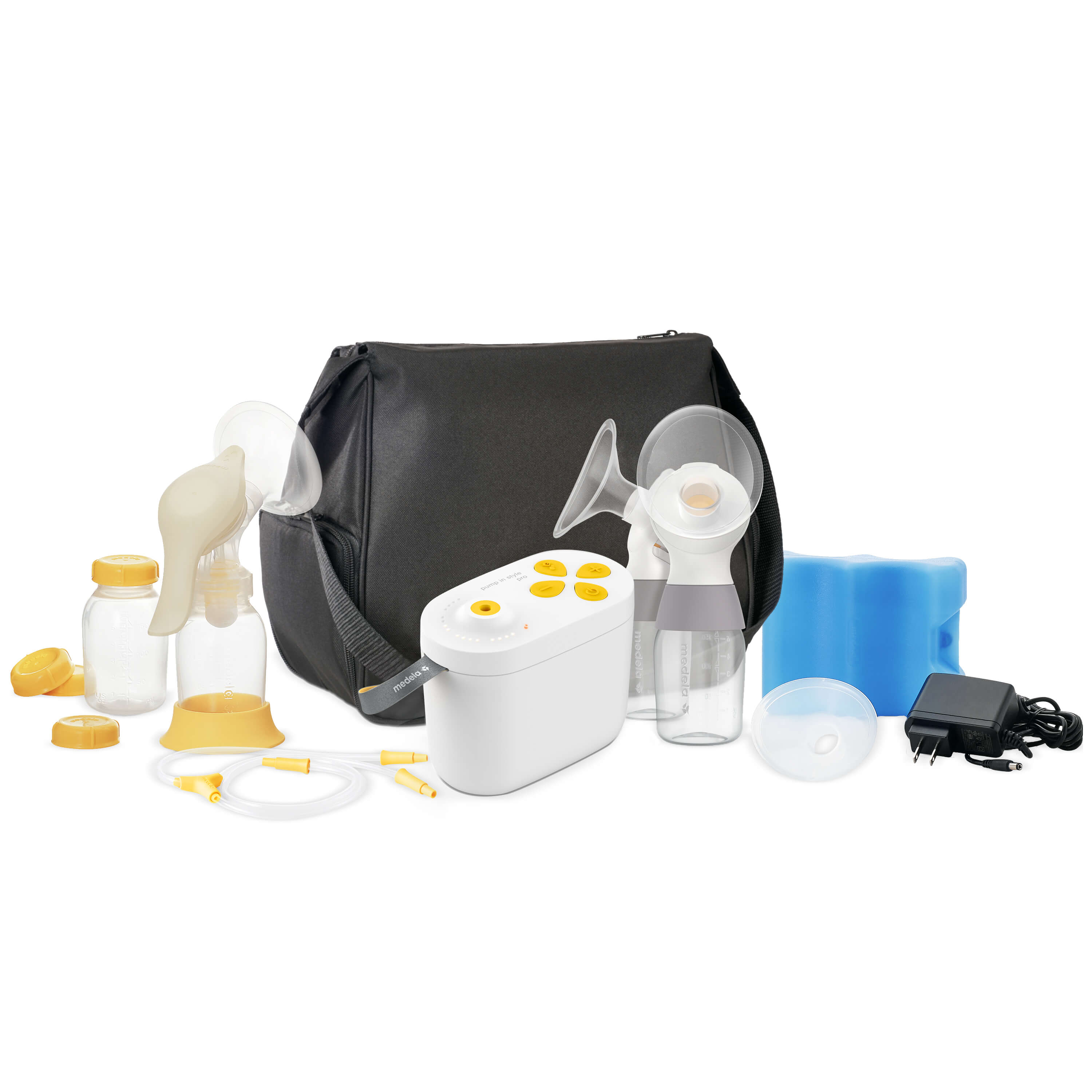 WIC version of the Pump In Style Pro breast pump contains pump, carrying bag, breast milk storage bottles, caps, Harmony pump handle, breast shields, tubing, ice pack, and power adapter.