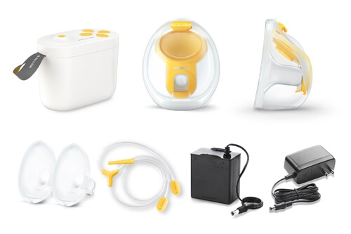 Medela Pump In Style double electric breast pump shown with Hands-free collection cups, extra breast shields, tubing, battery pack and charger