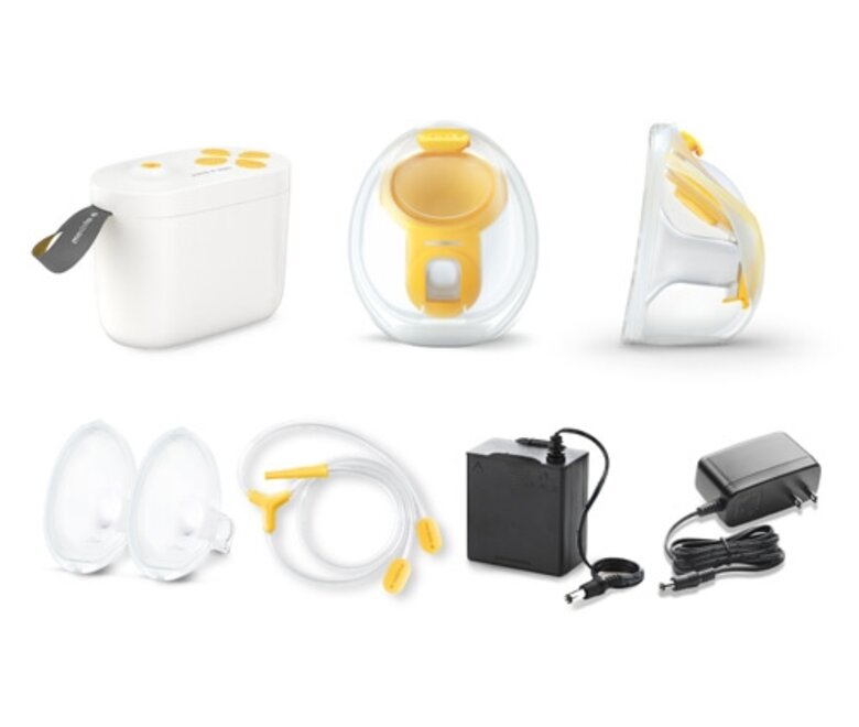 Medela Pump In Style double electric breast pump shown with Hands-free collection cups, extra breast shields, tubing, battery pack and charger