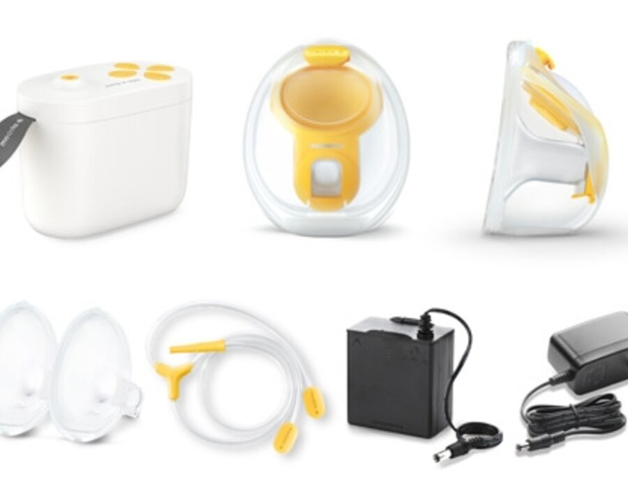 Medela Pump In Style double electric breast pump shown with Hands-free collection cups, extra breast shields, tubing, battery pack and charger