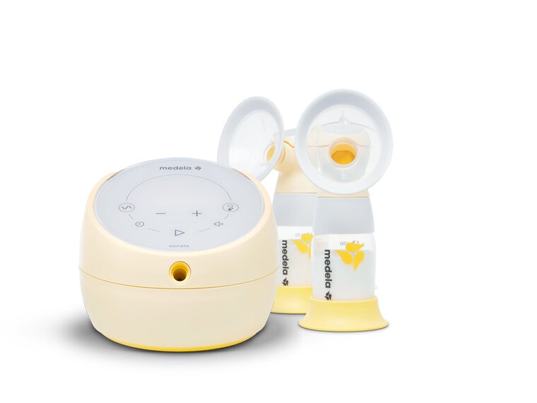 Medela Sonata® Smart double electric breast pump shown with breast shields, collection containers