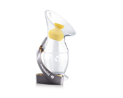 Collecteur de lait maternel en silicone présenté avec bouchon et lanière