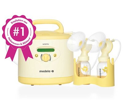 Eine Medela Symphony PLUS® Milchpumpe und ein Abpumpset mit rosa Anstecker: „Die #1 Miet-Milchpumpe".