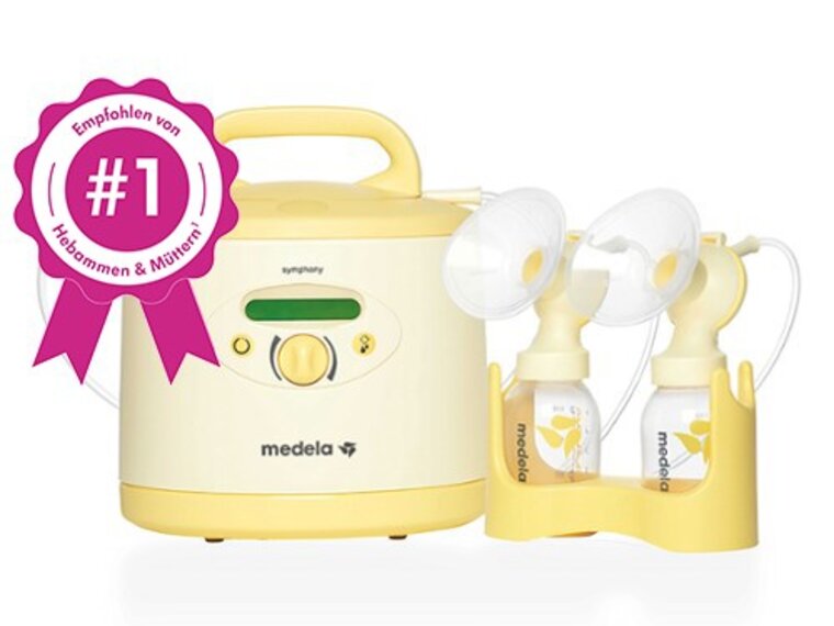 Eine Medela Symphony PLUS® Milchpumpe und ein Abpumpset mit rosa Anstecker: „Die #1 Miet-Milchpumpe".