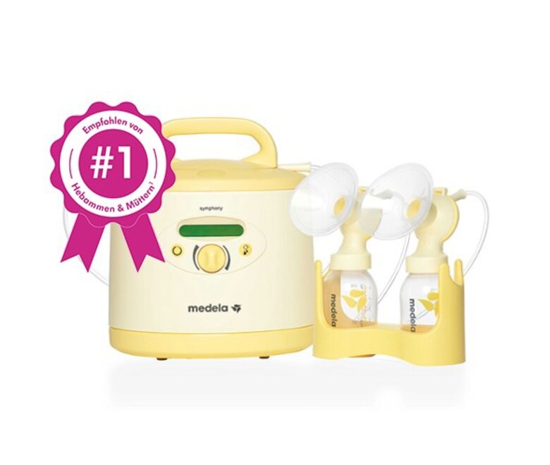Eine Medela Symphony PLUS® Milchpumpe und ein Abpumpset mit rosa Anstecker: „Die #1 Miet-Milchpumpe".