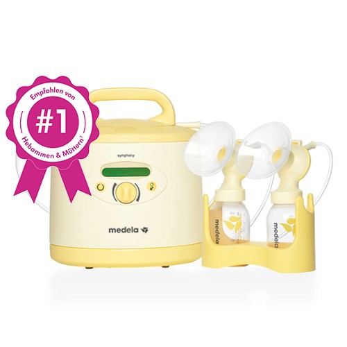 Eine Medela Symphony PLUS® Milchpumpe und ein Abpumpset mit rosa Anstecker: „Die #1 Miet-Milchpumpe".