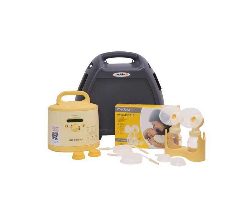 Die Medela Symphony PLUS® Milchpumpe mit Abpumpset und Tragetasche.