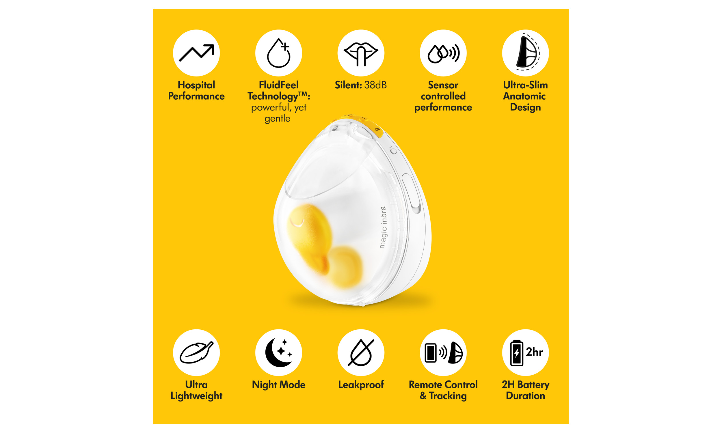 Easy to clean and assemble, More milk in half the time, Trusted hospital performance, Innovative FluidFeel Technology™, Ultra slim anatomic design, Silent and ultra lightweight, Transparent top-view design & night mode