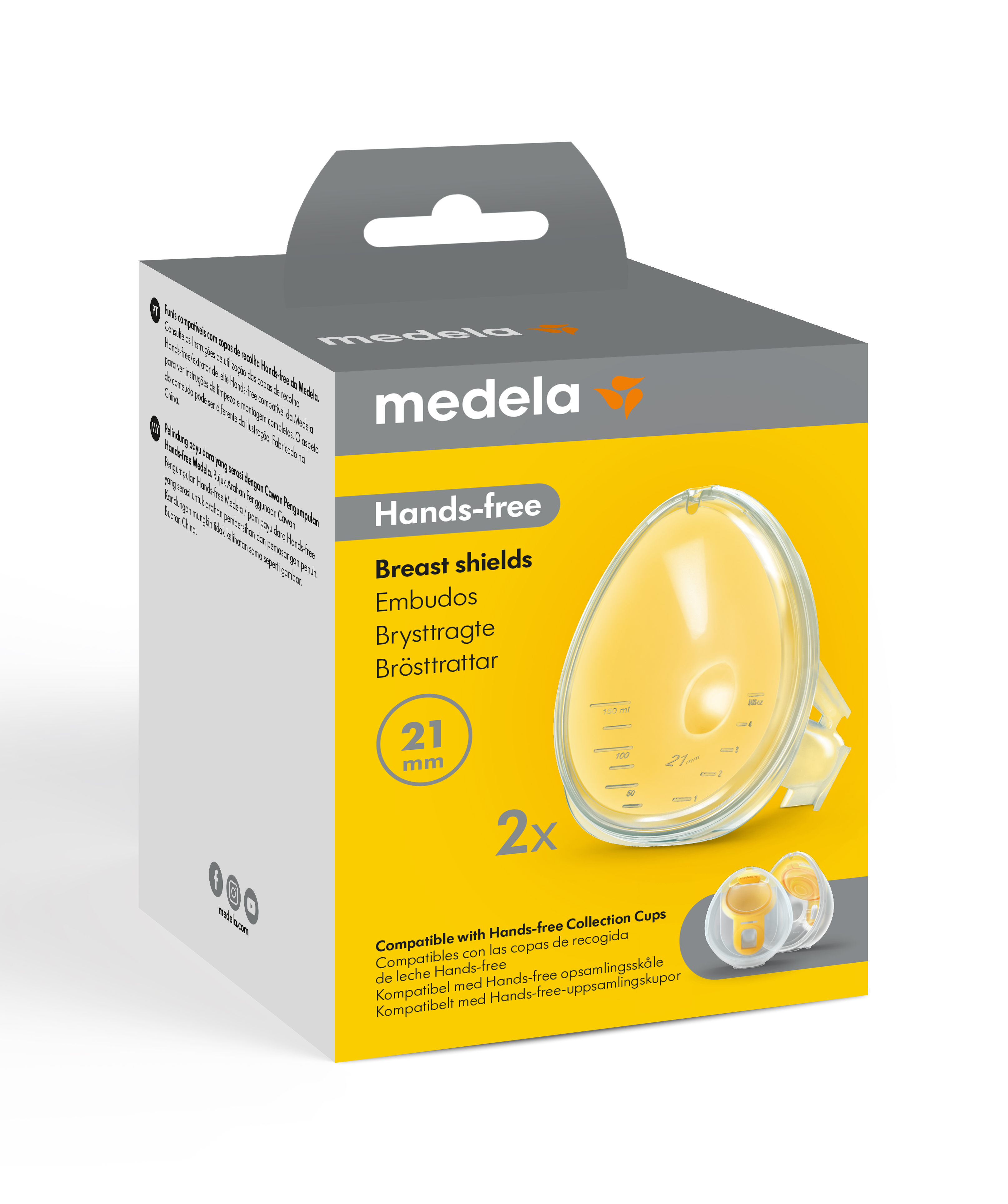 Retail packaging for the Hands-free Breast shields, front view.