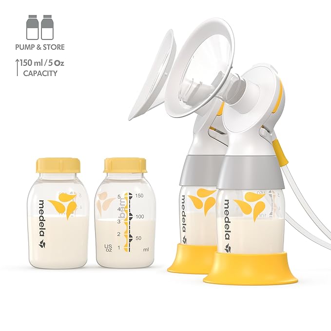 Medela Classic PersonalFit™ Flex double breast pump set with 2 extra storage bottles - Image text reads "Pump & Store 150ml /5oz Capacity"