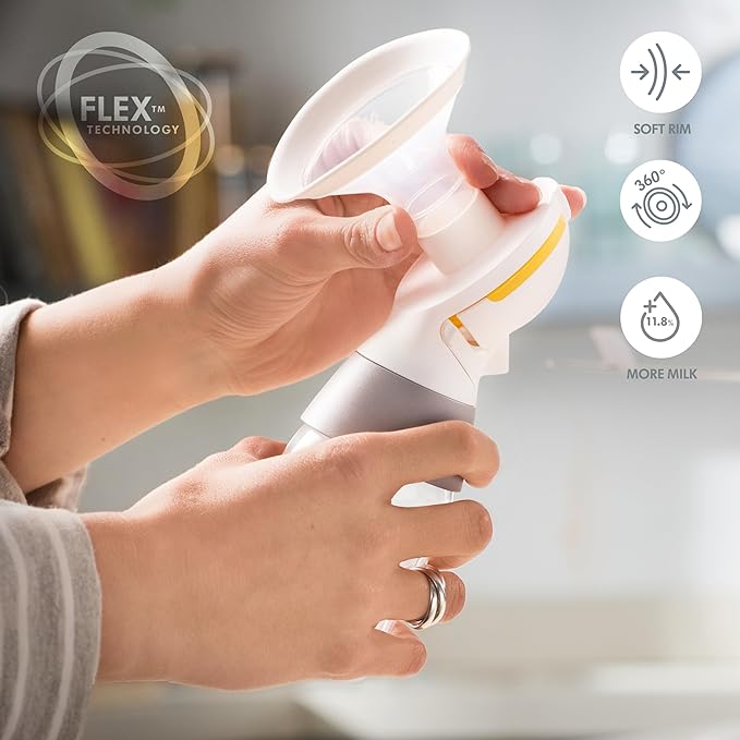 A person's hands demonstrate how to attach and remove the Medela PersonalFit Flex™ breast shield. Image text: "Flex™ Technology™, "Soft Rim", "360°", "More Milk".