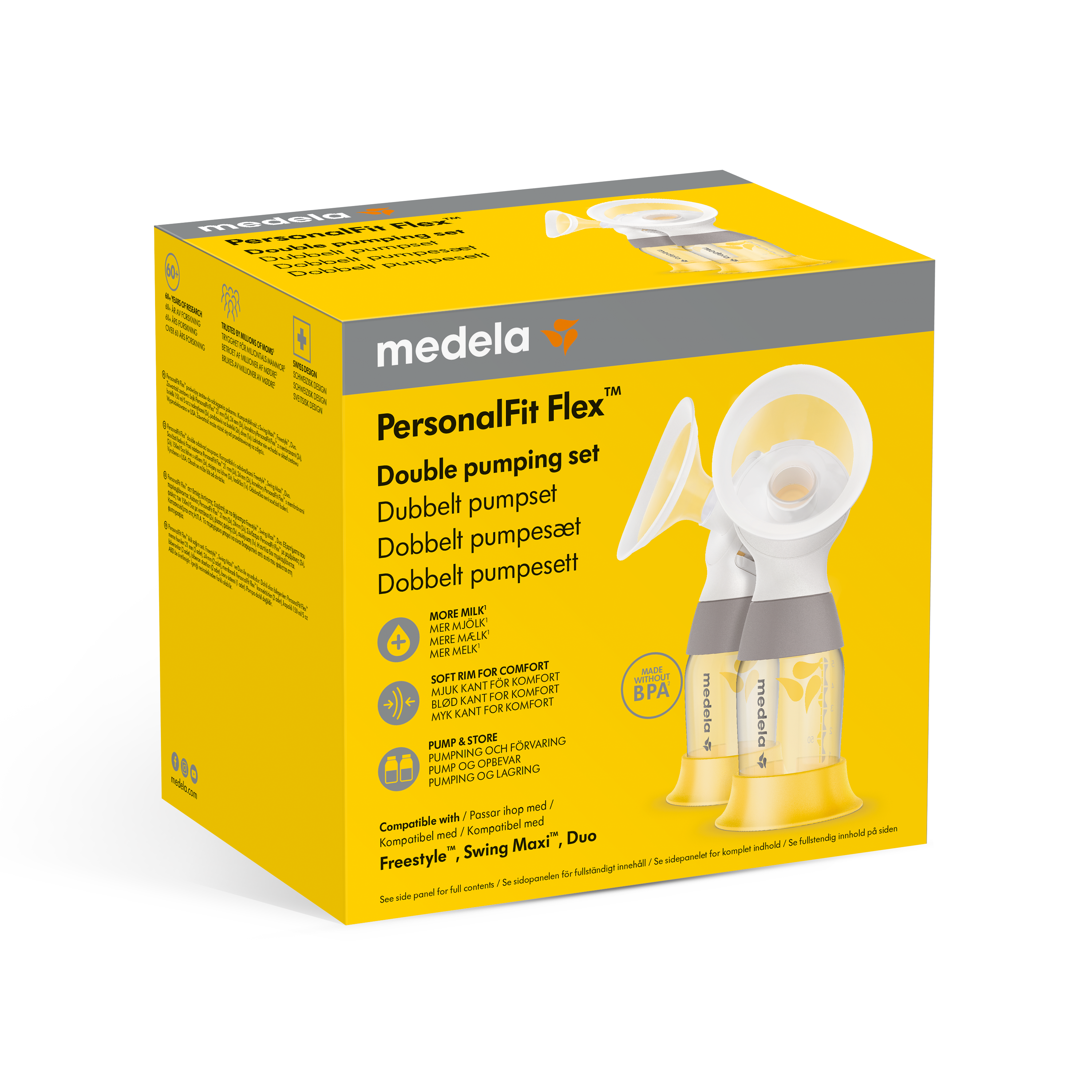 Detaljforpakning av Medela PersonalFit Flex™ Double pumpesett, front