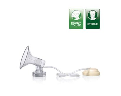 Medela Symphony® hospital disposable pump set with tubing and cap - Image text reads "Ready to Use" and "Sterile"