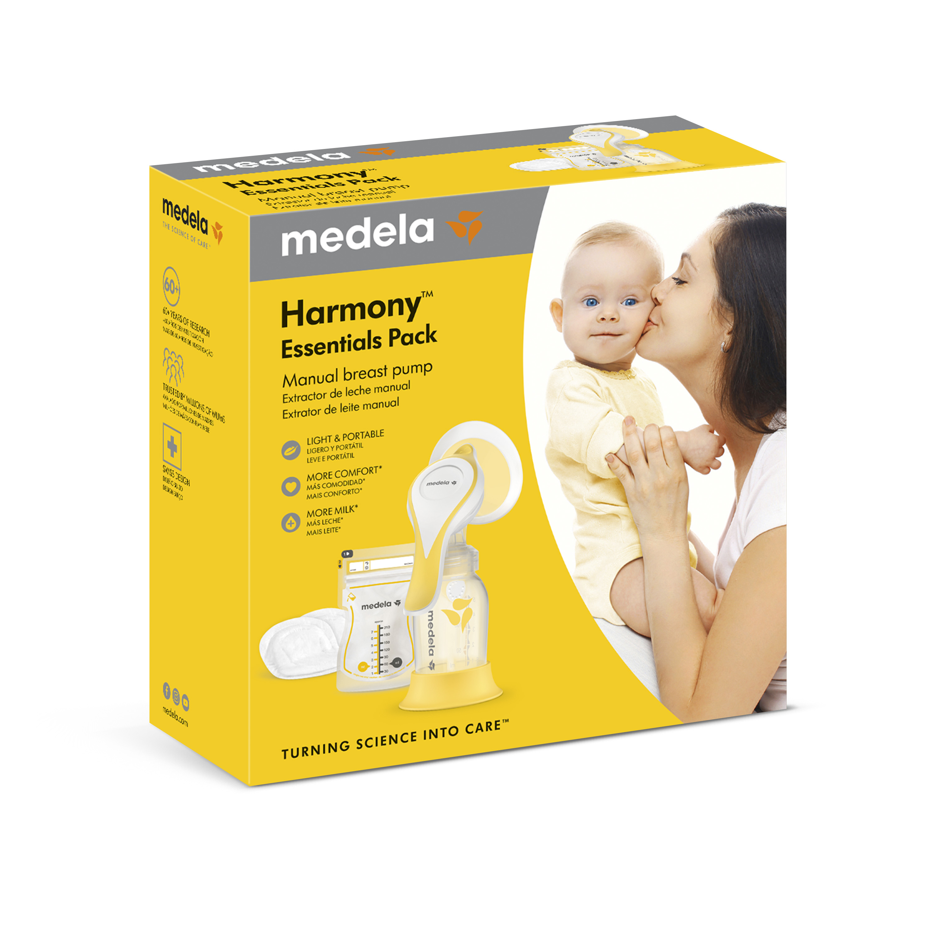 Retail packaging for the Medela Harmony™ Essentials Pack manual breast pump set, front