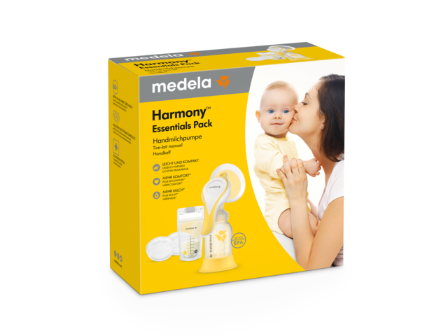 Retail packaging for the Medela Harmony™ Essentials Pack manual breast pump set, front