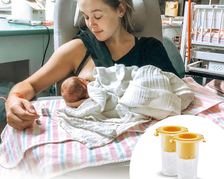 Mom feeding newborn in hospital with Medela Colostrum Protector in foreground
