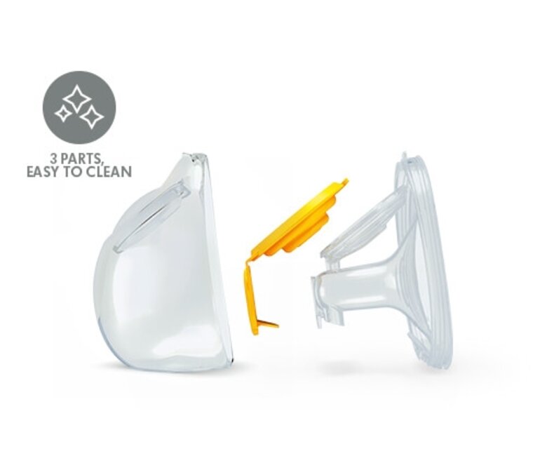 Medela Hands-free collection cups - Image text reads "3 parts, easy to clean"