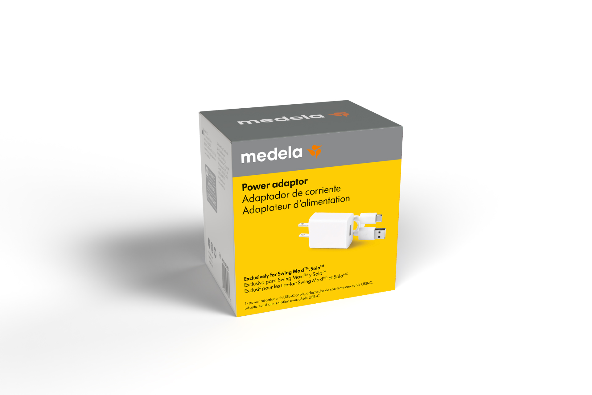 Retail packaging for the Power adapter for use with Medela Swing Maxi™ and Medela Solo™