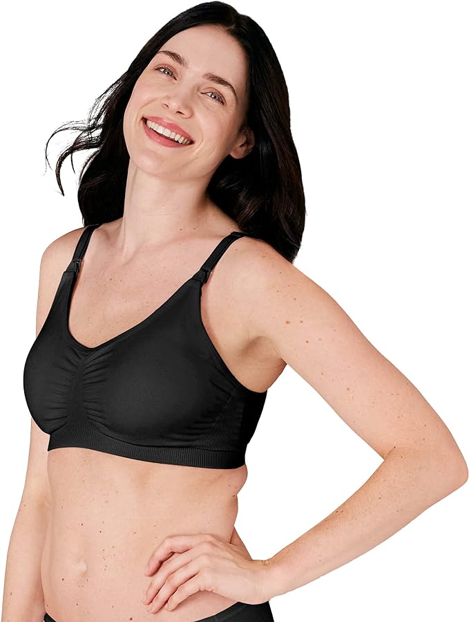 Front view of mom wearing black Medela 3in1 Nursing and Pumping Bra