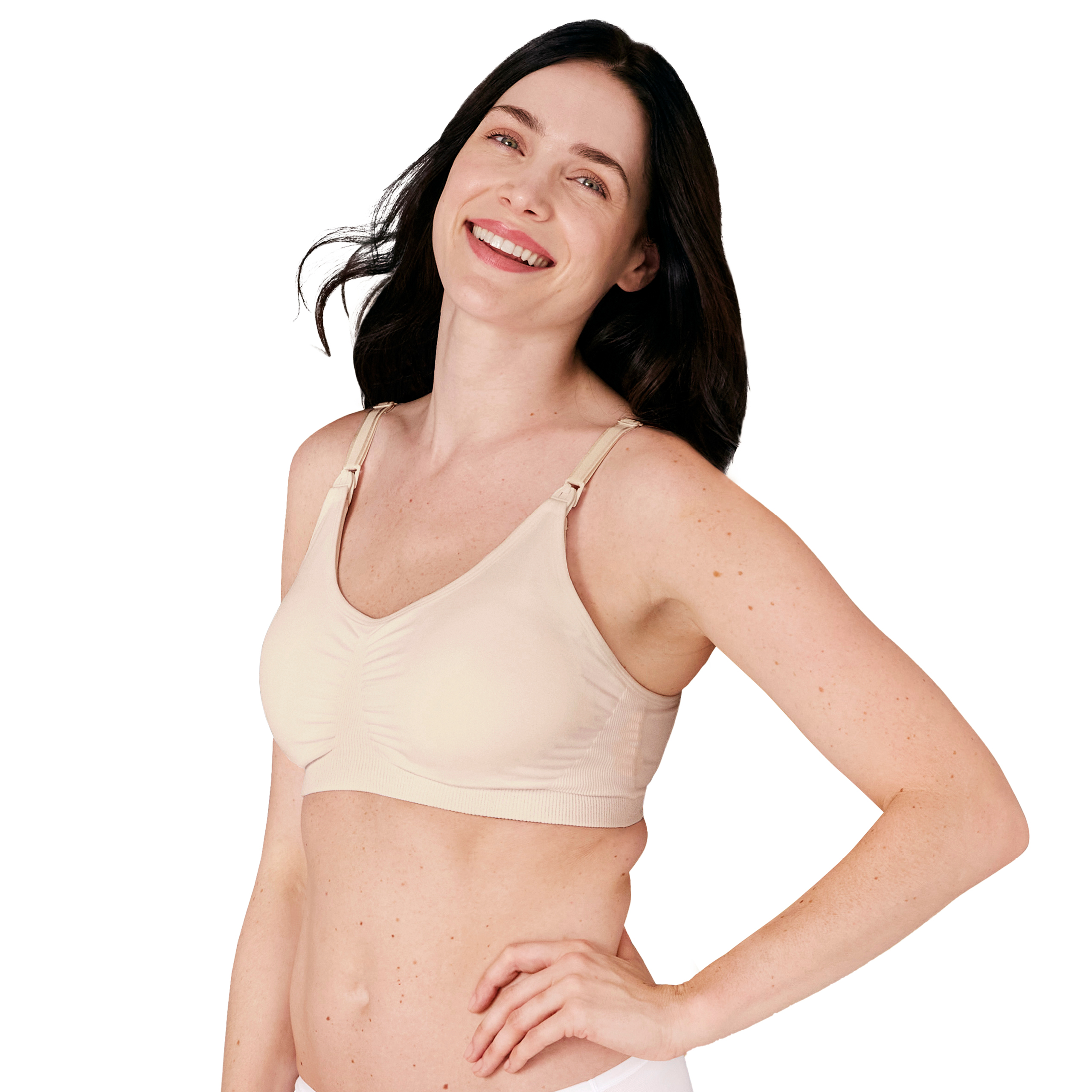 Front view of mom wearing Medela 3in1 Nursing and Pumping Bra Chai color