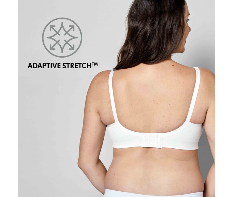 Frau, die einen weißen Medela Keep Cool™ Ultra Bra trägt, Rückenansicht mit Text „Adaptive Stretch“.
