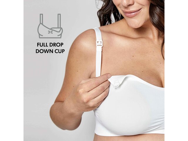 Femme portant un Medela Keep Cool™ Ultra Bra blanc vue de face avec le texte, « Full drop down cup ».