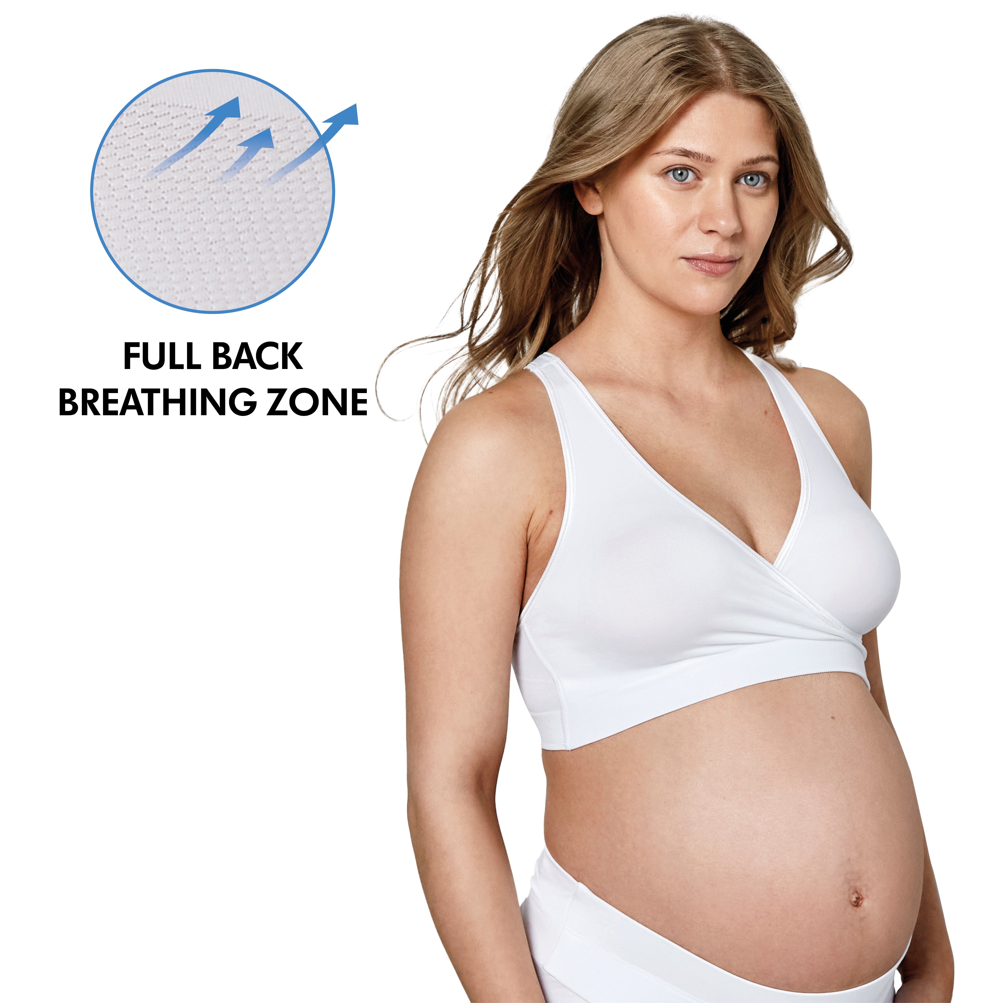 Woman wearing a Medela Keep Cool Sleep bra with text, "Full Back Breathing Zone"