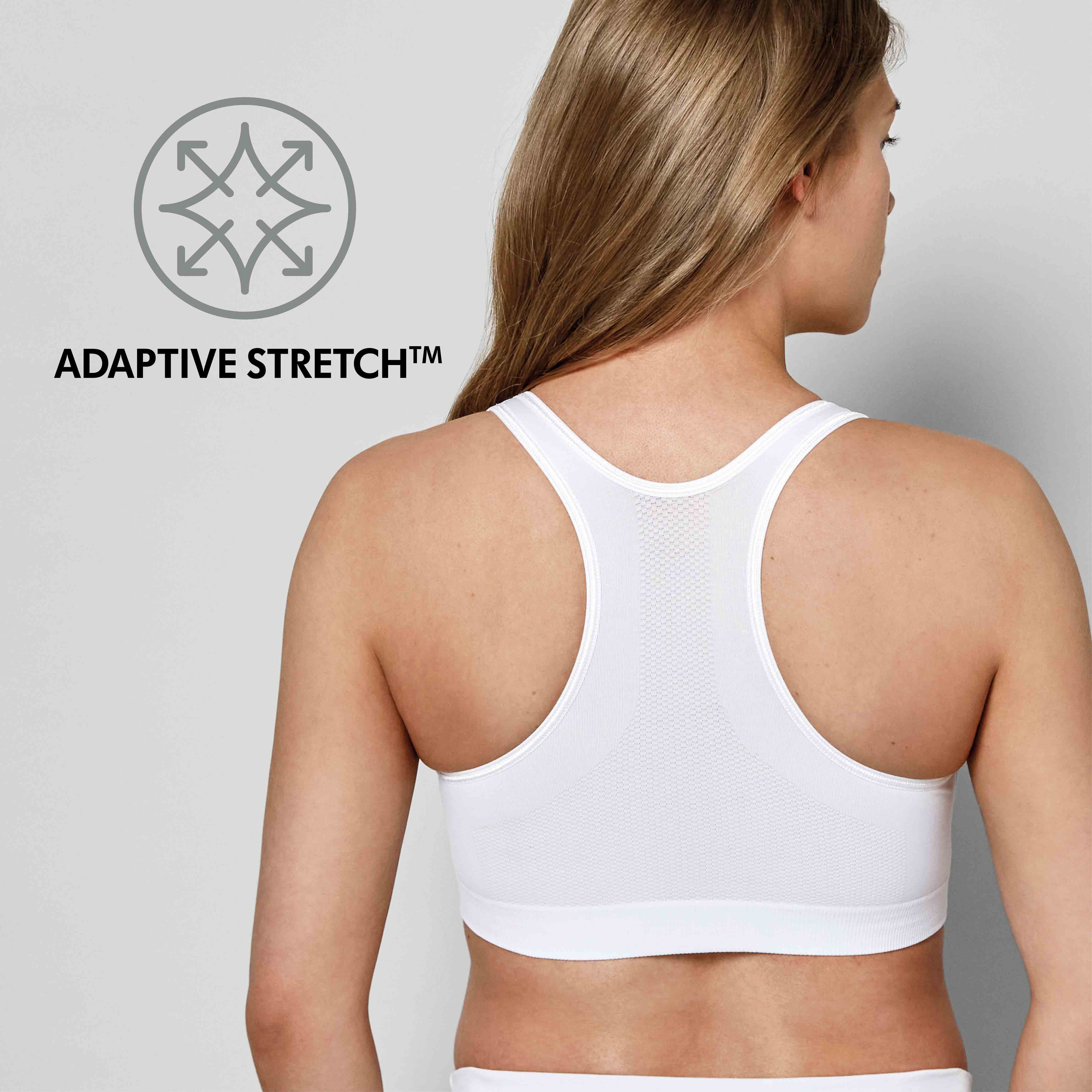 White Medela Keep Cool™ Sleep Bra back view with text, "Adaptive Stretch"