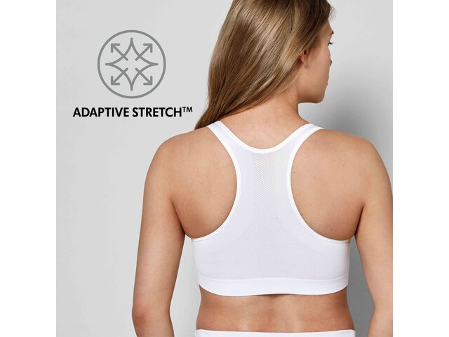 Reggiseno per il sonno Medela Keep Cool™ bianco, vista posteriore con testo “Adaptive Stretch”.