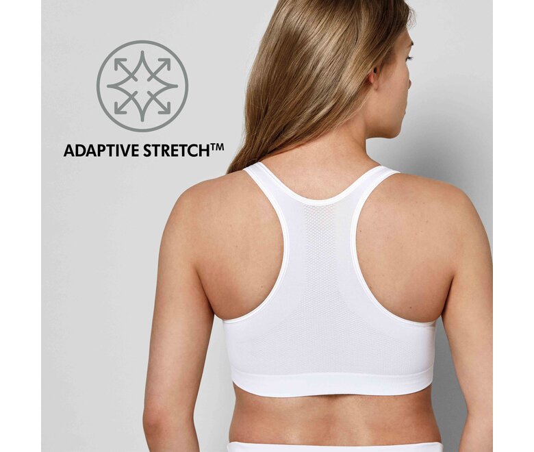 Reggiseno per il sonno Medela Keep Cool™ bianco, vista posteriore con testo “Adaptive Stretch”.